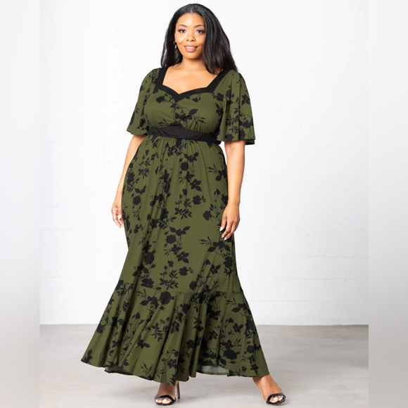 Kiyonna Dresses & Skirts - KIYONNA 3X Maxi Dress Floor Length Like New Floral Olive Plus Size